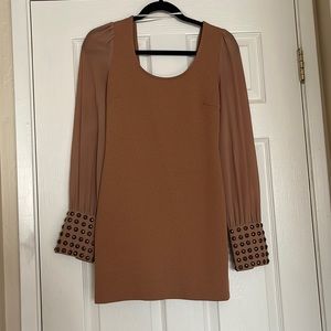 Camel Colored Long sleeve dress with rounded stud details around wrists